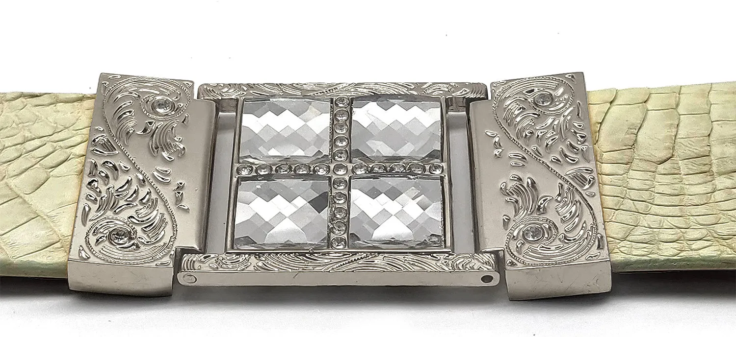 RRango Unisex Silver Tone 4 White Stones Design Caiman Belly Custom Belt