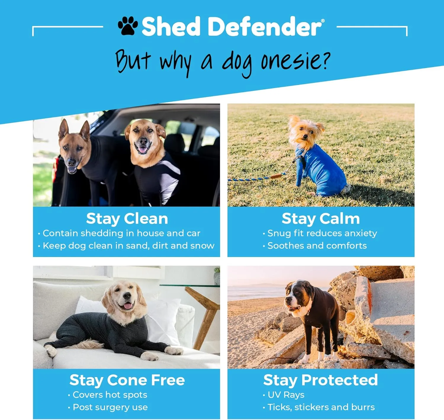 Shed Defender Original Dog Onesie for Dog Shedding, Seen on Shark Tank, Lightweight Breathable, Bodysuit for Dogs, Recovery Suit, Jumpsuit, Dog Body Suit, Shed Shirt, Post Surgery Onesie, Vet Approved