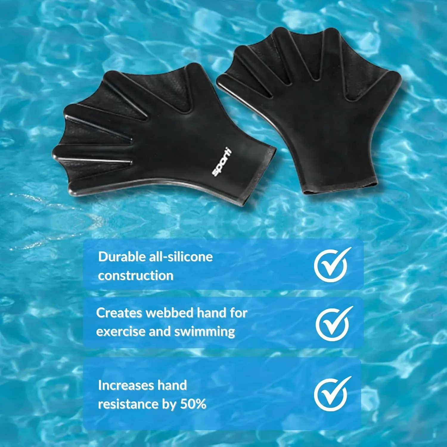 Sporti Swimming Aquatic Gloves, Silicone Training Gear, Water Resistance Webbed Gloves for Swimming, Diving, Water Aerobics