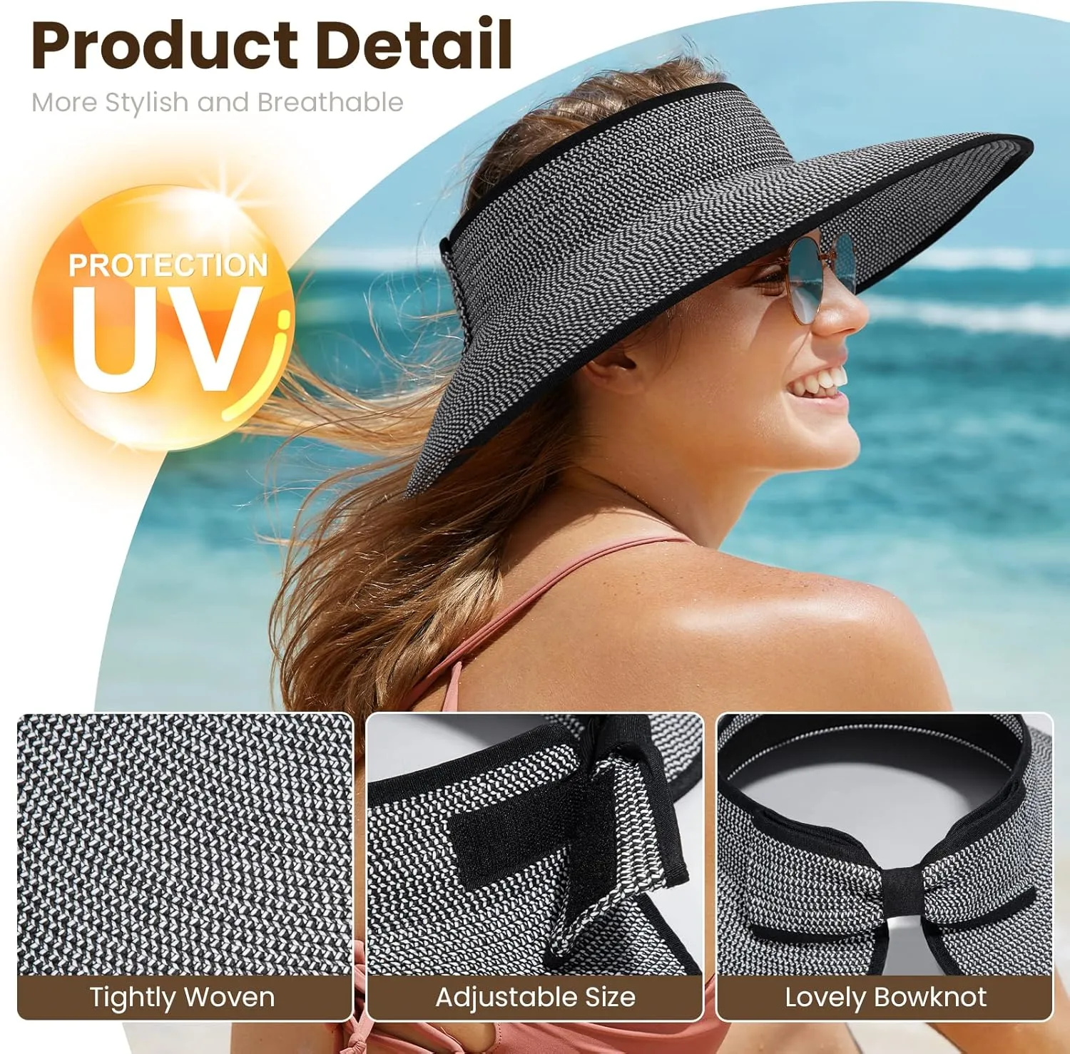 Sun Visors for Women Wide Brim Straw Hat Women Beach Visor Hats for Women Uv Protection Foldable Sun Hat Women Beach Hat