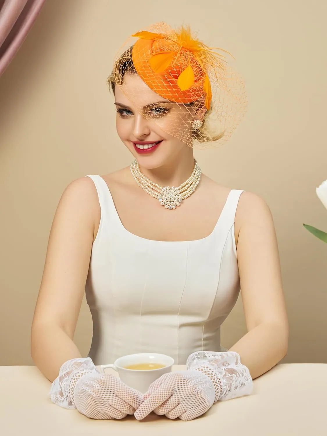 SWEETV Fascinators Pillbox Hats for Women, Tea Party Hat and Short Lace Gloves Set Perfect for Kentucky Derby, Cocktail
