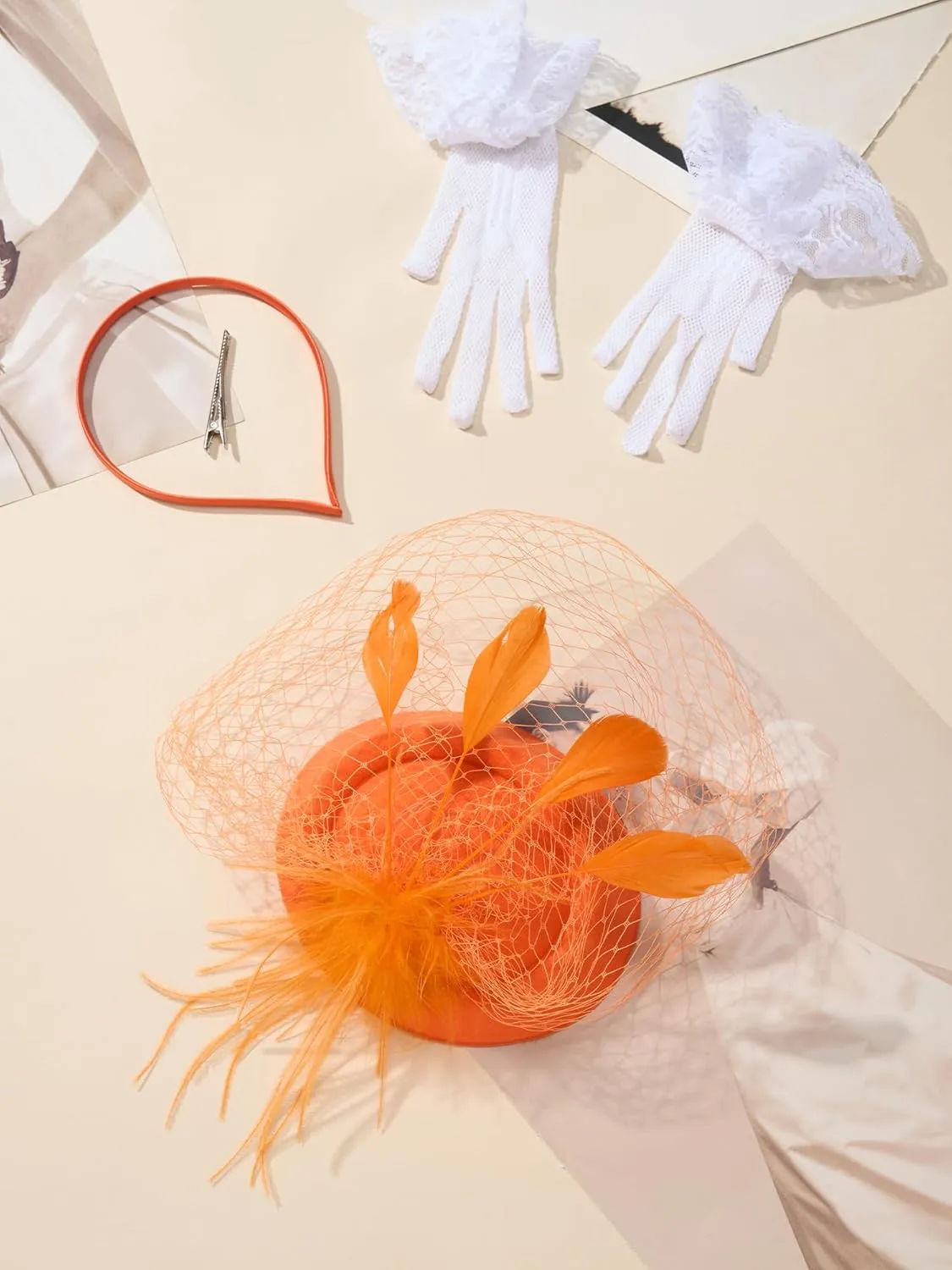 SWEETV Fascinators Pillbox Hats for Women, Tea Party Hat and Short Lace Gloves Set Perfect for Kentucky Derby, Cocktail