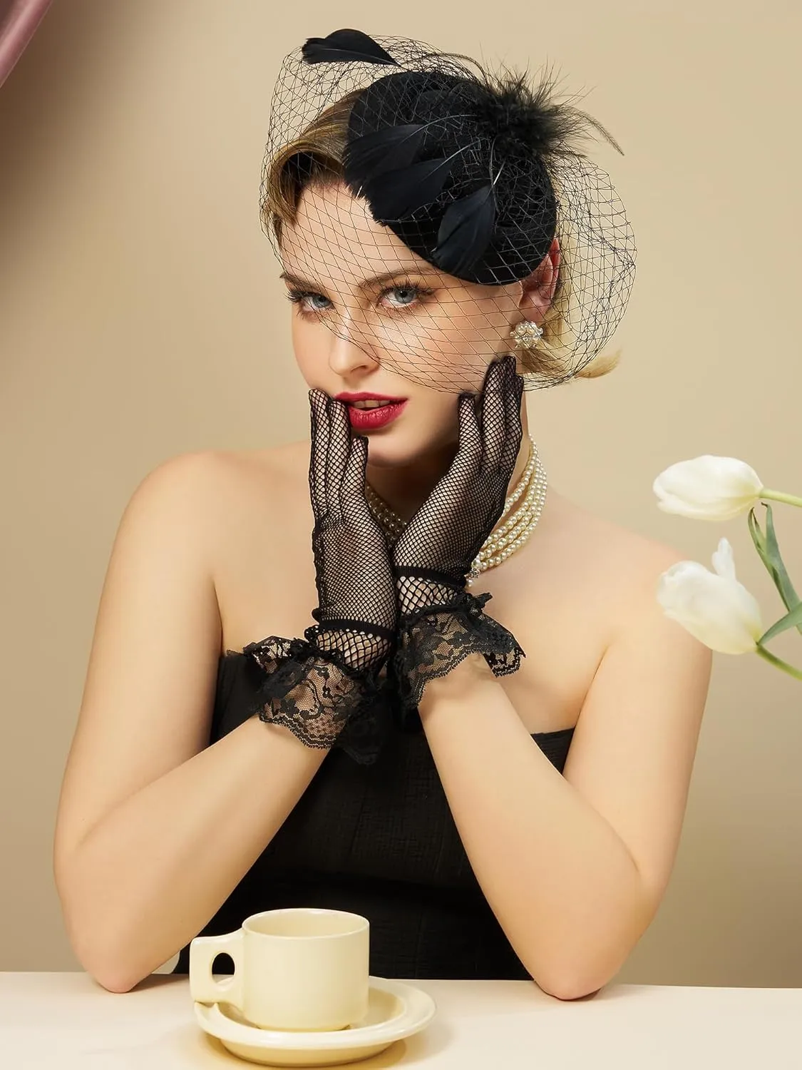 SWEETV Fascinators Pillbox Hats for Women, Tea Party Hat and Short Lace Gloves Set Perfect for Kentucky Derby, Cocktail