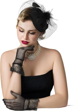 SWEETV Fascinators Pillbox Hats for Women, Tea Party Hat and Short Lace Gloves Set Perfect for Kentucky Derby, Cocktail