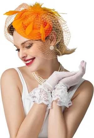 SWEETV Fascinators Pillbox Hats for Women, Tea Party Hat and Short Lace Gloves Set Perfect for Kentucky Derby, Cocktail