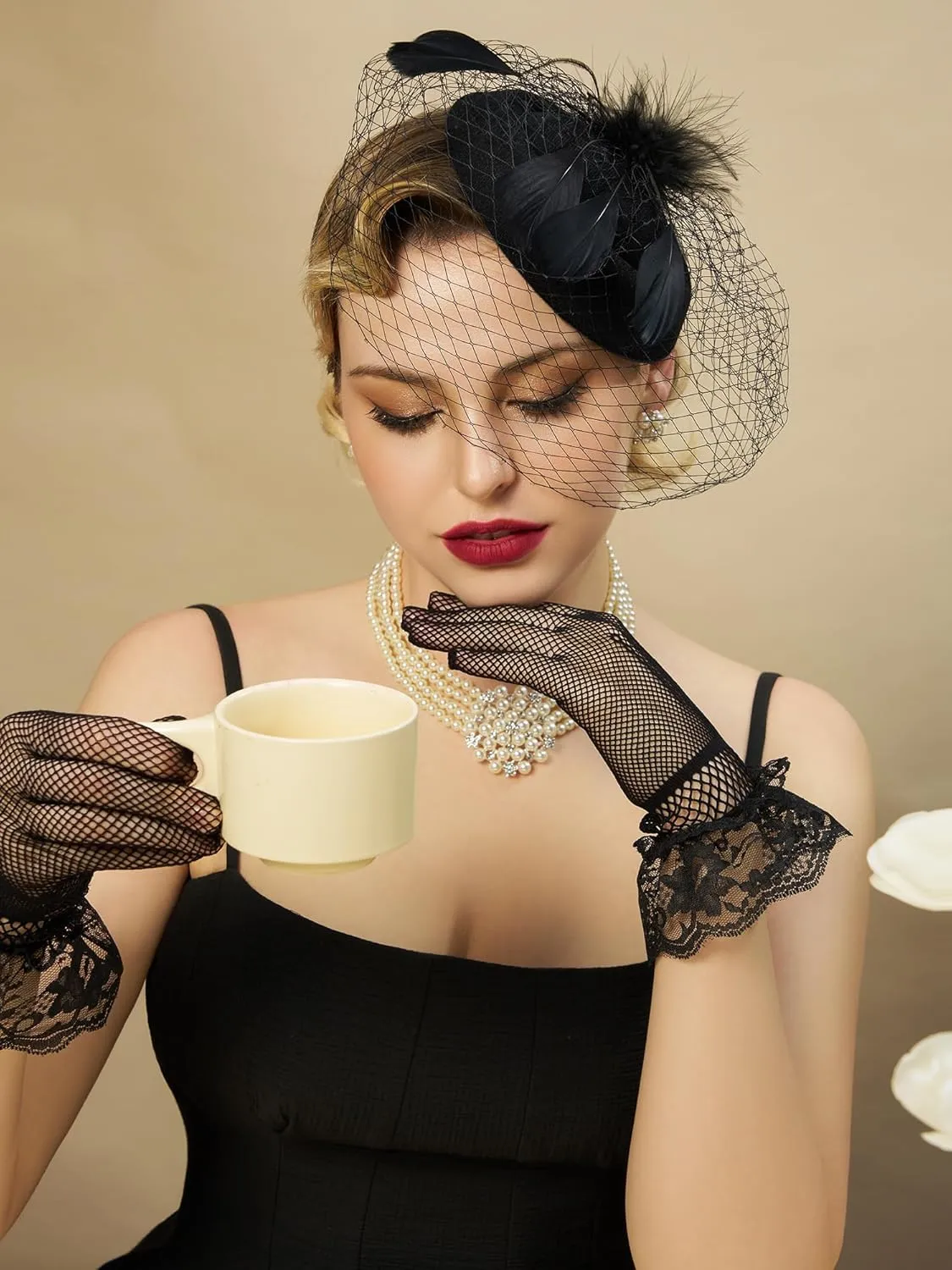 SWEETV Fascinators Pillbox Hats for Women, Tea Party Hat and Short Lace Gloves Set Perfect for Kentucky Derby, Cocktail