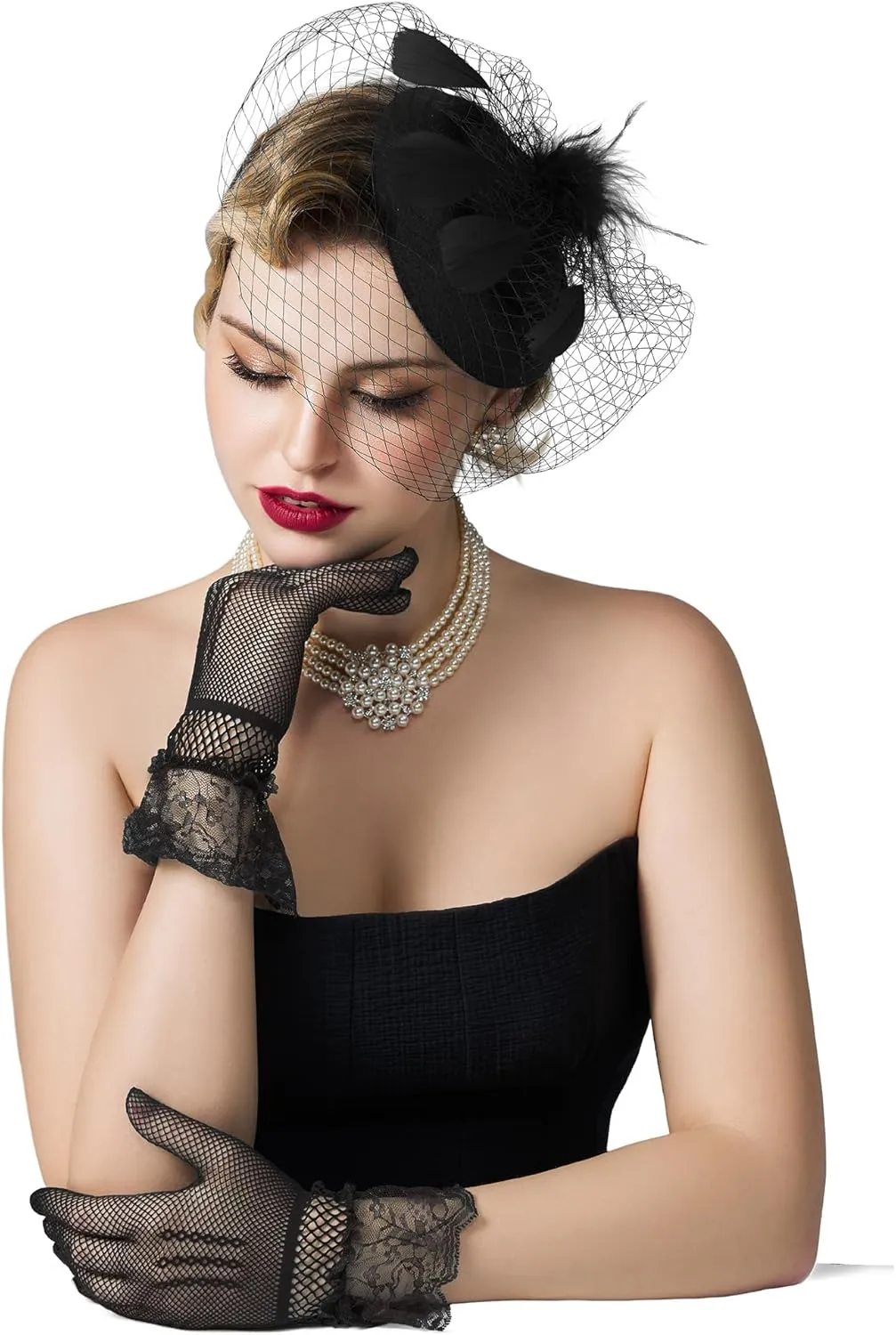 SWEETV Fascinators Pillbox Hats for Women, Tea Party Hat and Short Lace Gloves Set Perfect for Kentucky Derby, Cocktail