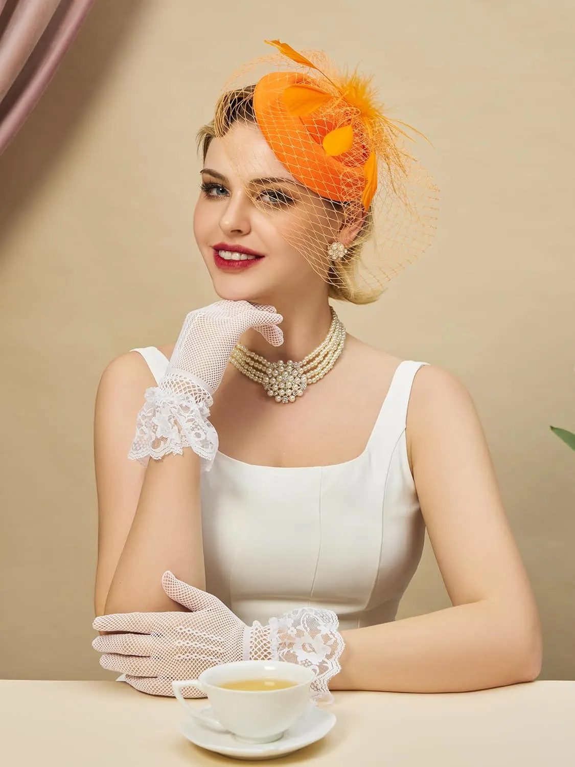 SWEETV Fascinators Pillbox Hats for Women, Tea Party Hat and Short Lace Gloves Set Perfect for Kentucky Derby, Cocktail