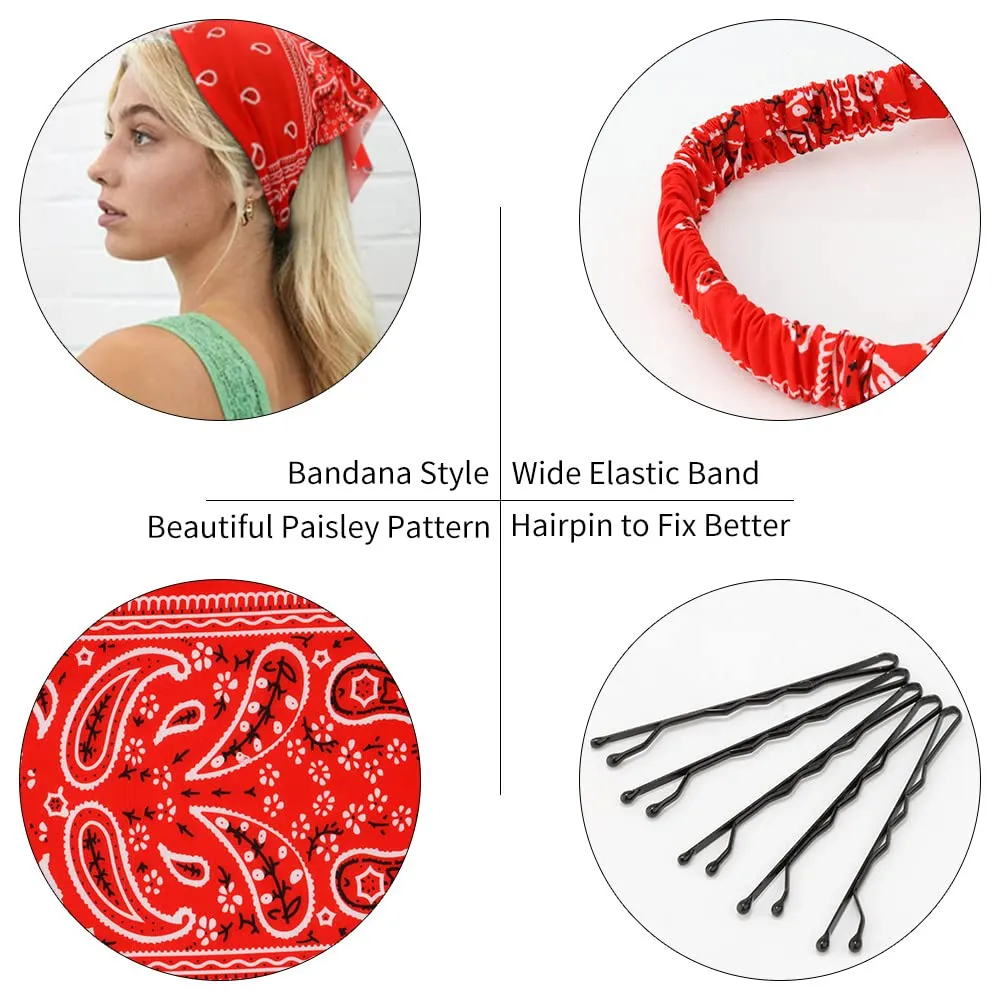 TOBATOBA Hairband, 5 Pcs Bandanas for Women Elastic Headbands, Hair Kerchief Head Scarf, Non Slip Paisley Headbands Hair Accessories for Women Girls