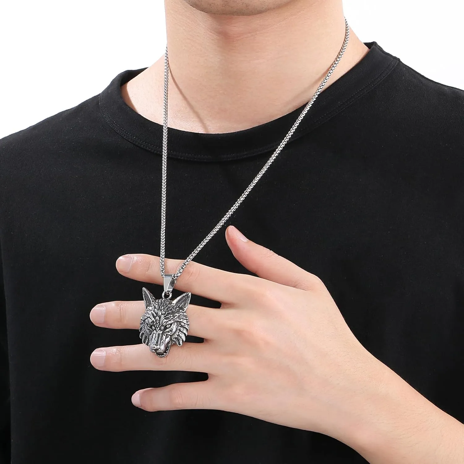 Viking Tribal Wolf Necklace, Norse Talisman Pendant for Men, with 24" Rolo Chain