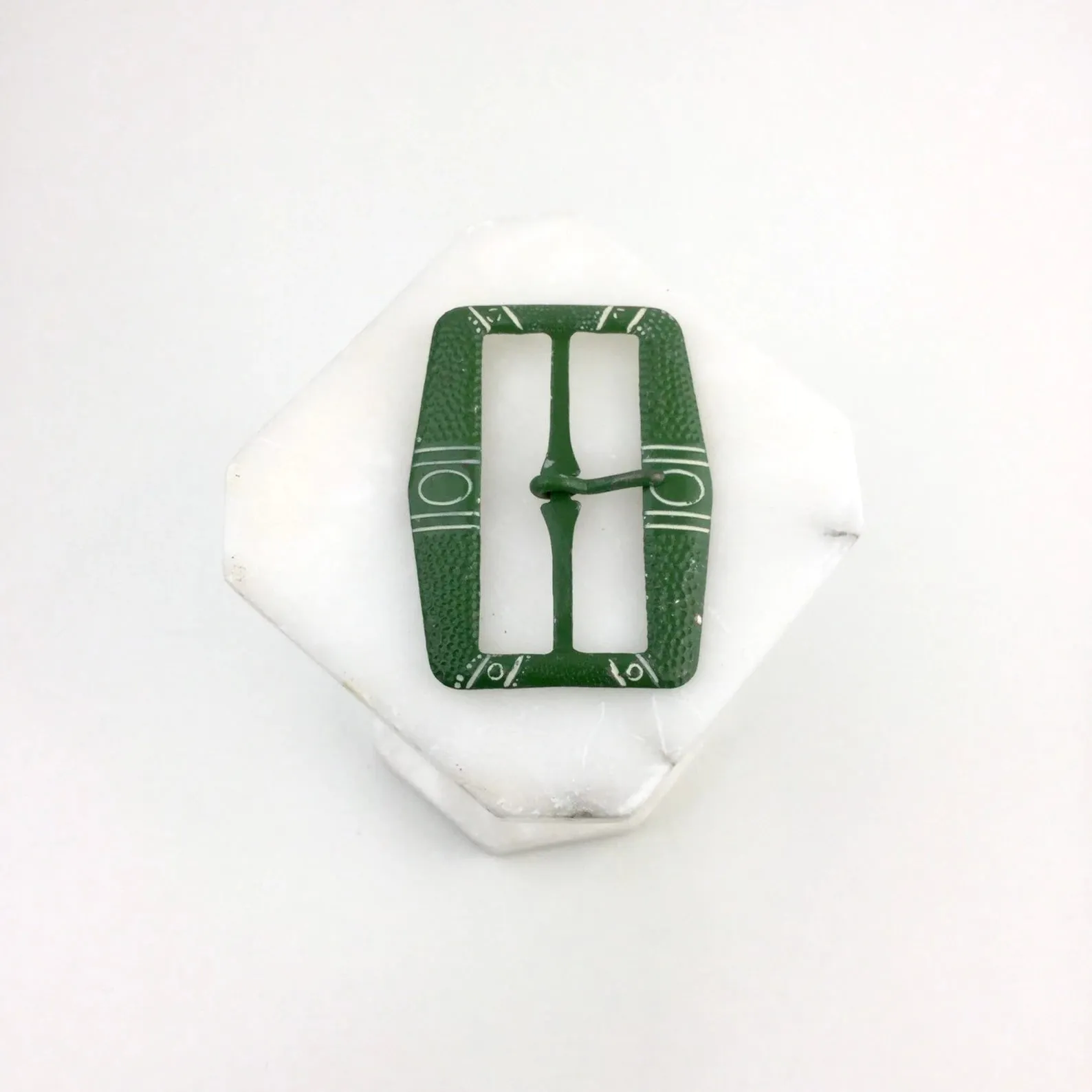 Vintage 1920s Green Painted Art Deco Engraved Belt Buckle, 2.5"