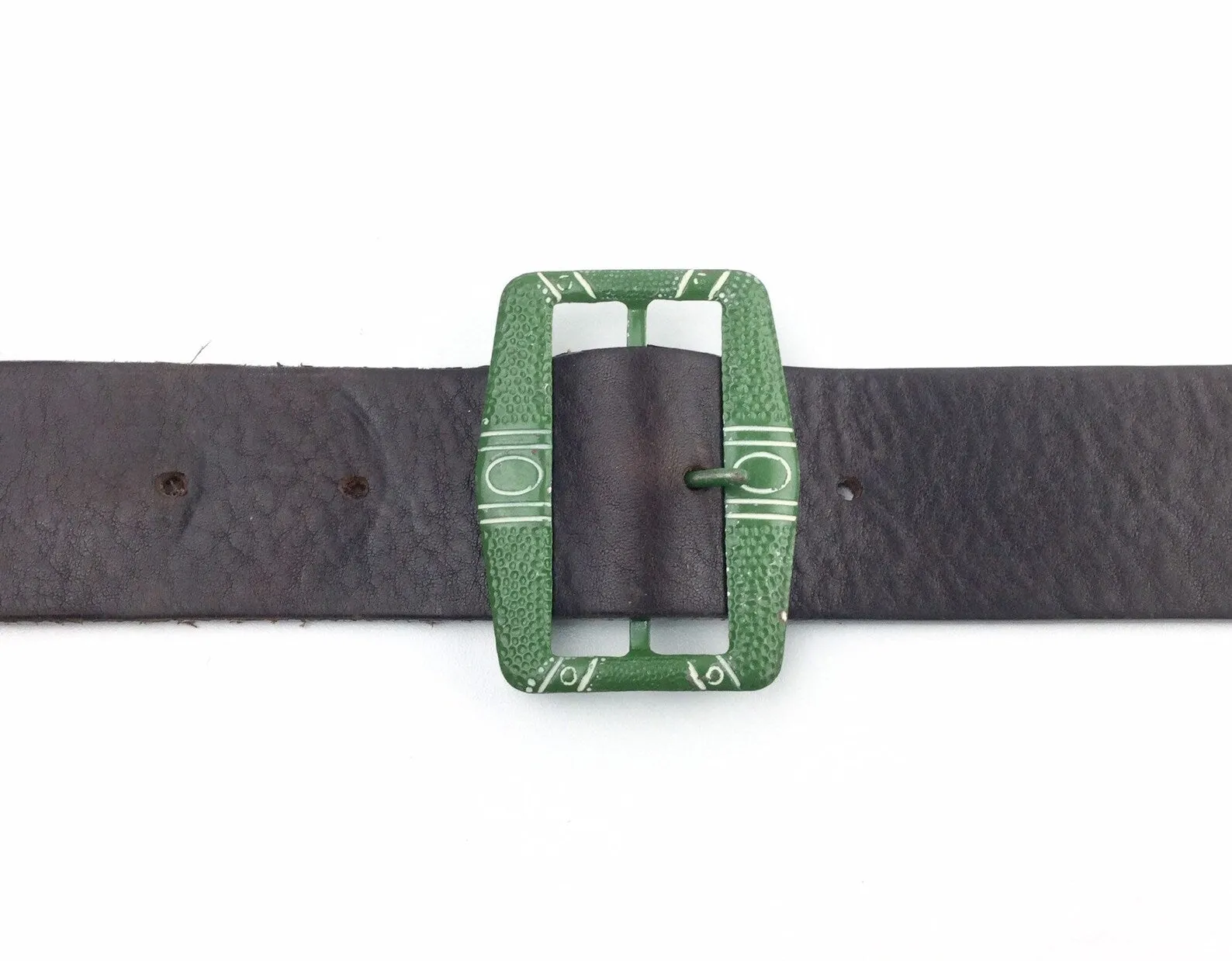 Vintage 1920s Green Painted Art Deco Engraved Belt Buckle, 2.5"