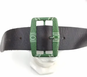 Vintage 1920s Green Painted Art Deco Engraved Belt Buckle, 2.5"