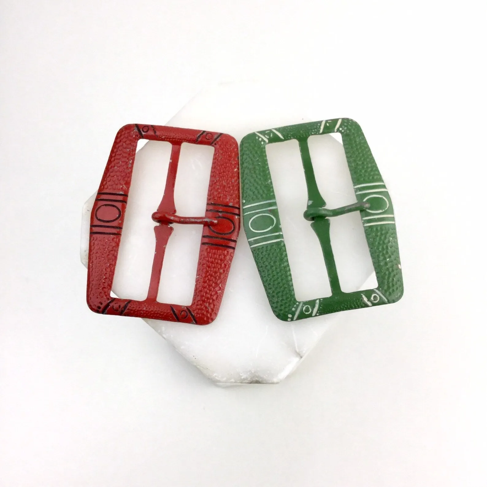 Vintage 1920s Green Painted Art Deco Engraved Belt Buckle, 2.5"