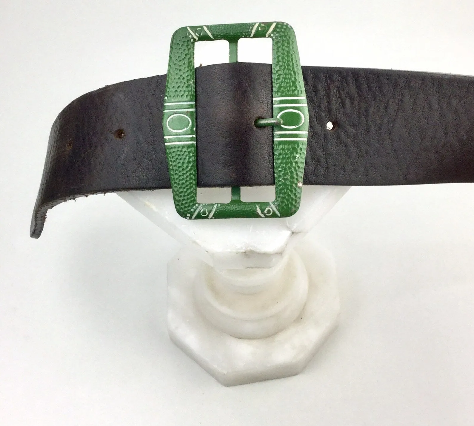 Vintage 1920s Green Painted Art Deco Engraved Belt Buckle, 2.5"