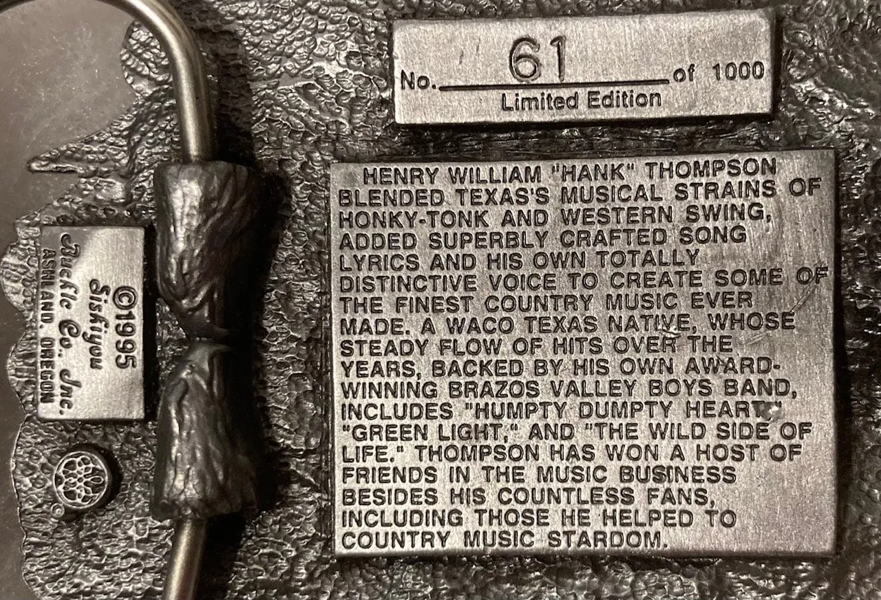 Vintage 1995 Metal Belt Buckle, Hank Thompson, Country Music, Hall of Fame, Nice Western Design, 3" x 2 1/2", Heavy Duty, Quality