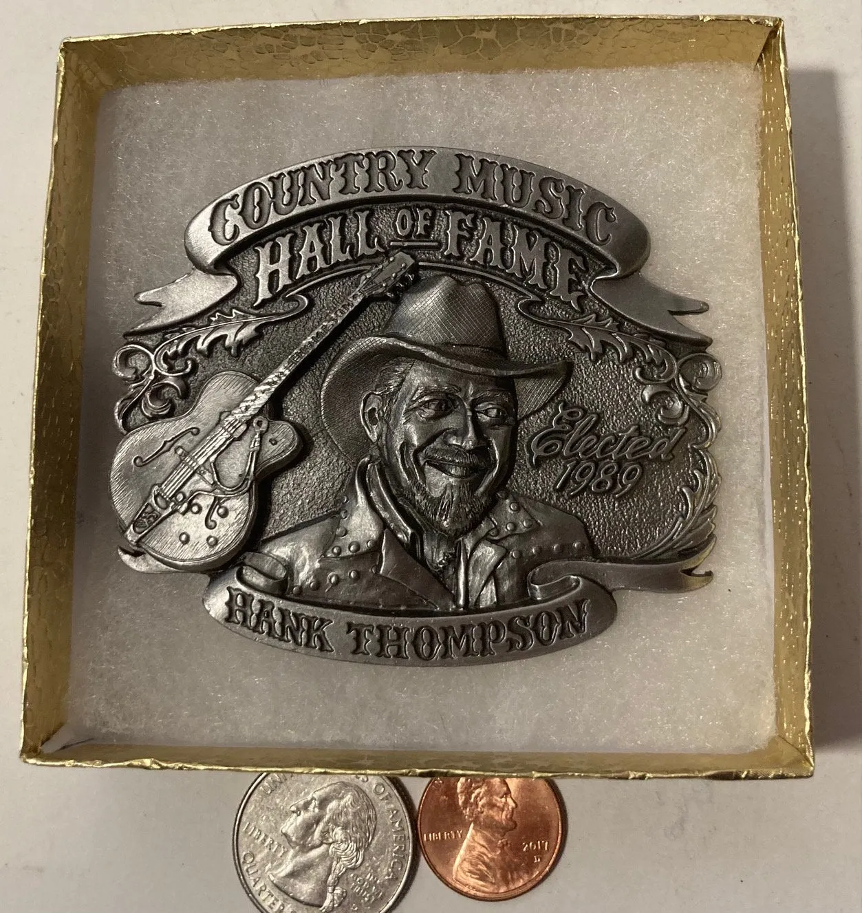 Vintage 1995 Metal Belt Buckle, Hank Thompson, Country Music, Hall of Fame, Nice Western Design, 3" x 2 1/2", Heavy Duty, Quality