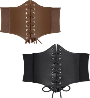 WERFORU 2 Pack Women Corset Elastic Belt Wide Vintage Lace-up Tied Costume Waspie Waist Belt Halloween