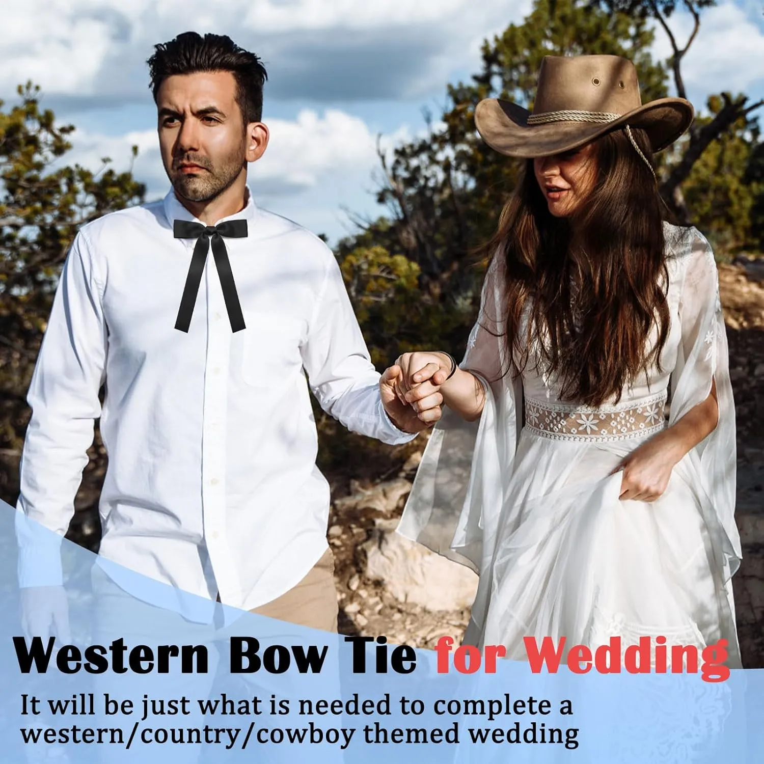 Western Bow Ties for Men Women, Black/Red Colonel Satin Ribbon String Bow Tie for Costume Uniform