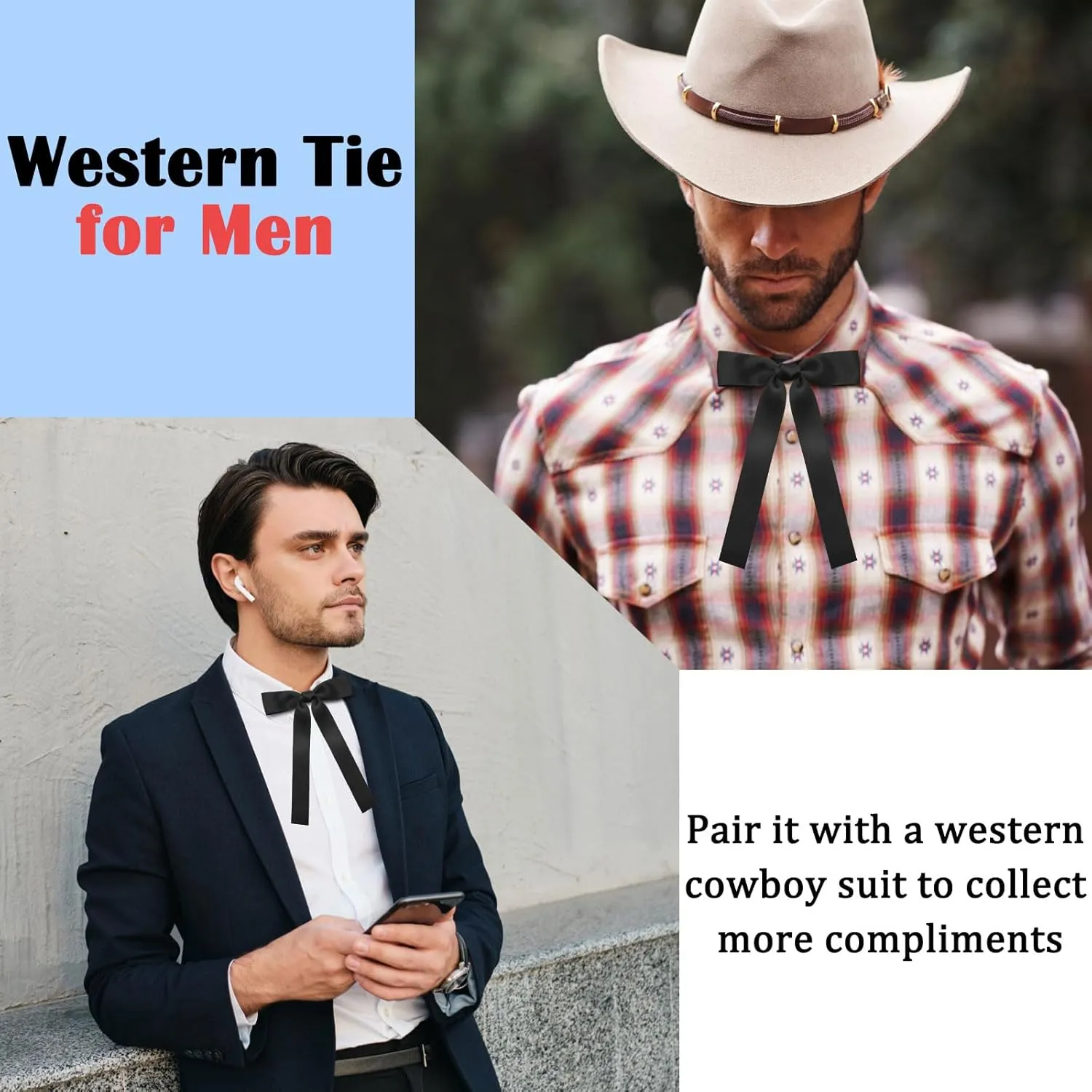 Western Bow Ties for Men Women, Black/Red Colonel Satin Ribbon String Bow Tie for Costume Uniform