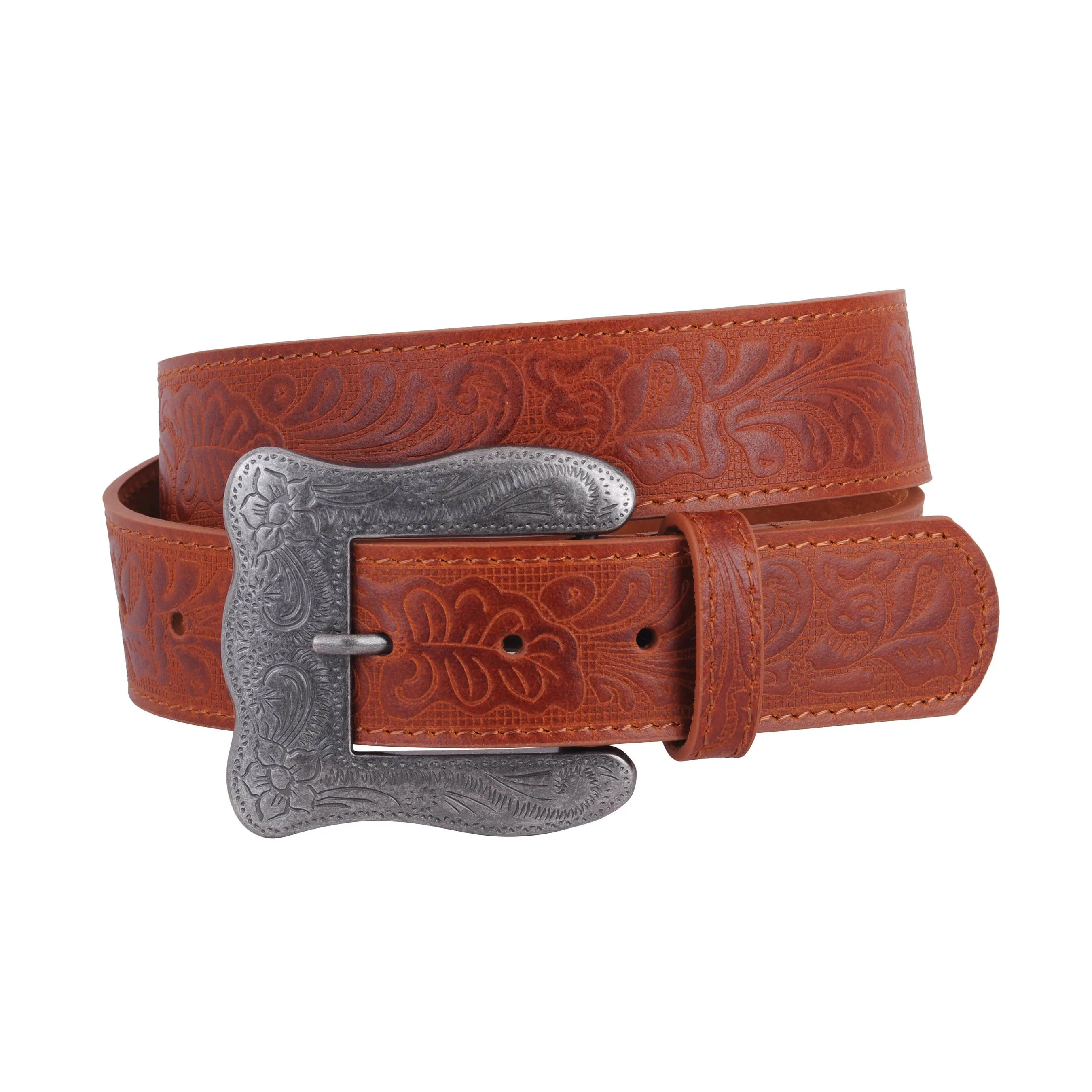 Western Square Frame Tooled Buckle and Leather Belt
