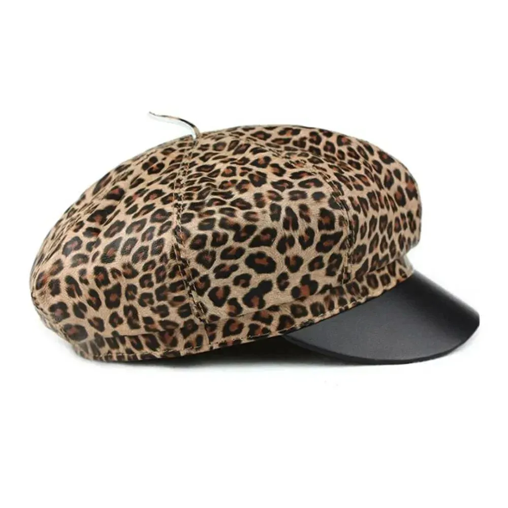 Women Leopard Leather Newsboy Cap