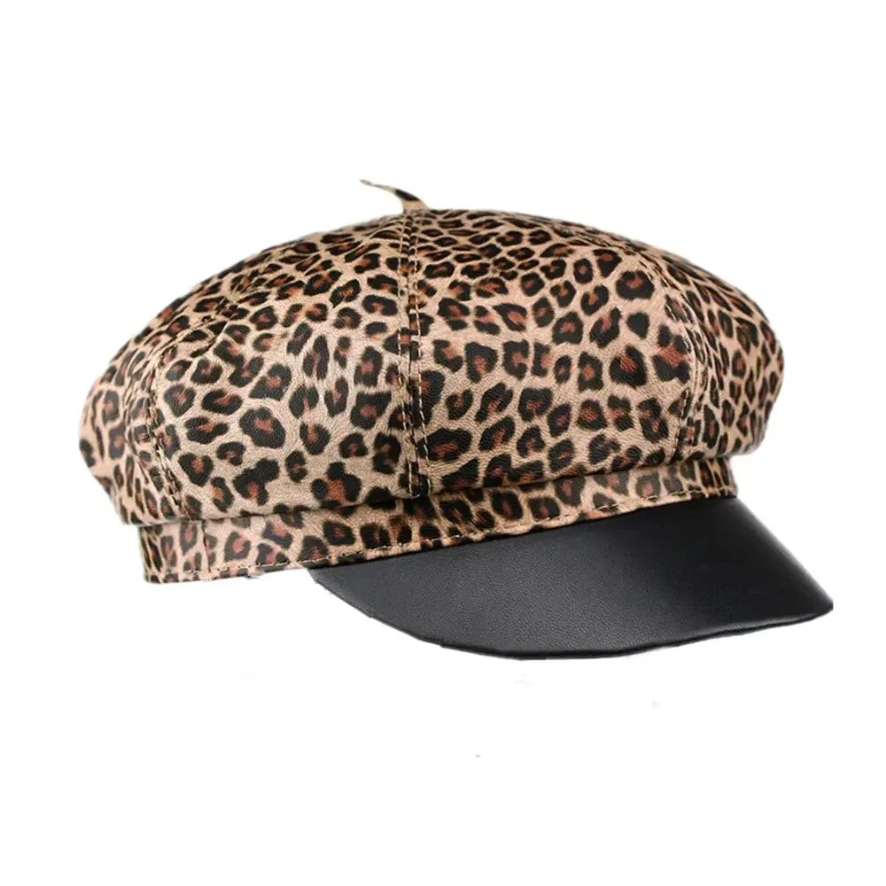 Women Leopard Leather Newsboy Cap