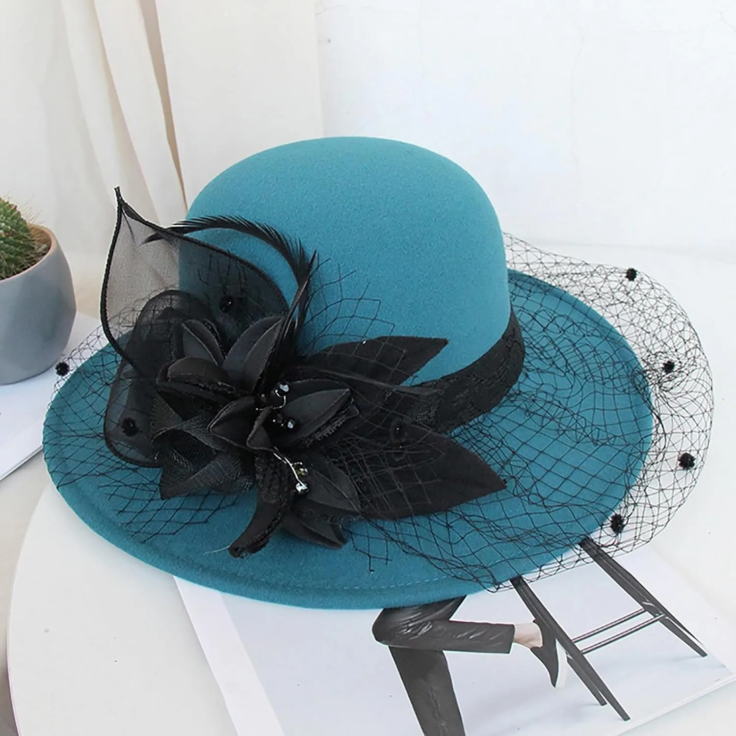 Women's Elegant Flower Wool Cloche Bucket Bowler Hat Women's Wool Fel Flowers Church Bowler Hats Cloche Hat