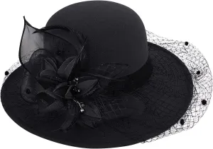 Women's Elegant Flower Wool Cloche Bucket Bowler Hat Women's Wool Fel Flowers Church Bowler Hats Cloche Hat