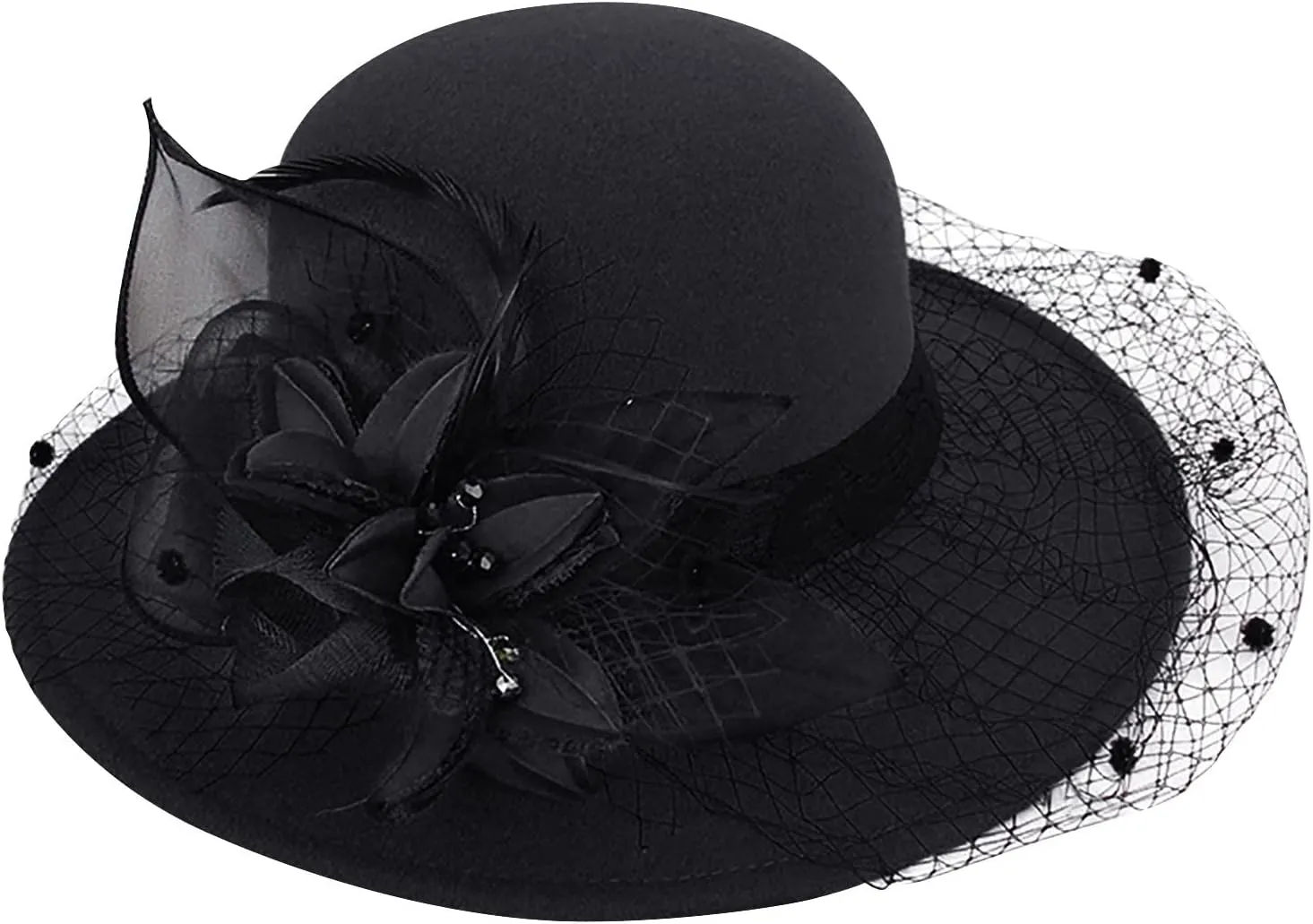 Women's Elegant Flower Wool Cloche Bucket Bowler Hat Women's Wool Fel Flowers Church Bowler Hats Cloche Hat