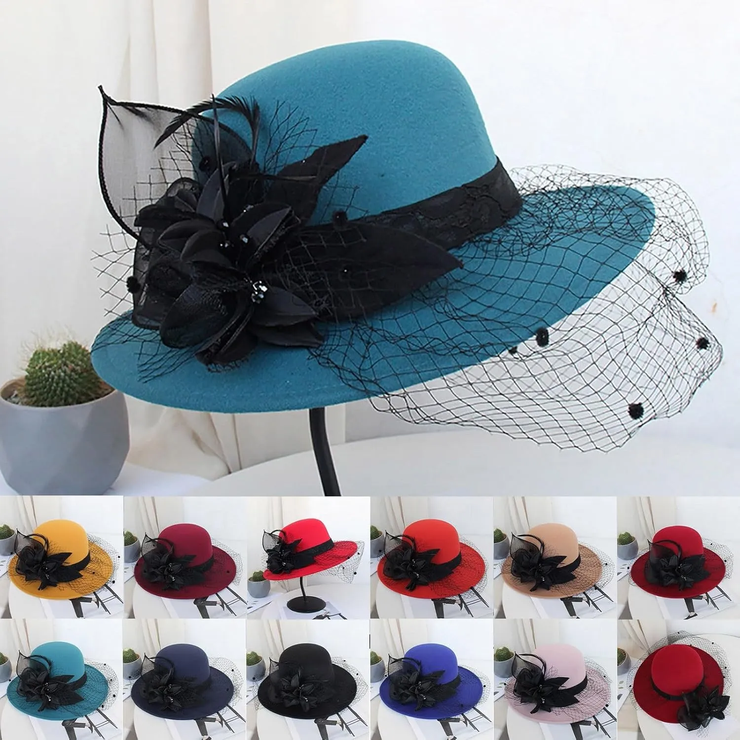 Women's Elegant Flower Wool Cloche Bucket Bowler Hat Women's Wool Fel Flowers Church Bowler Hats Cloche Hat