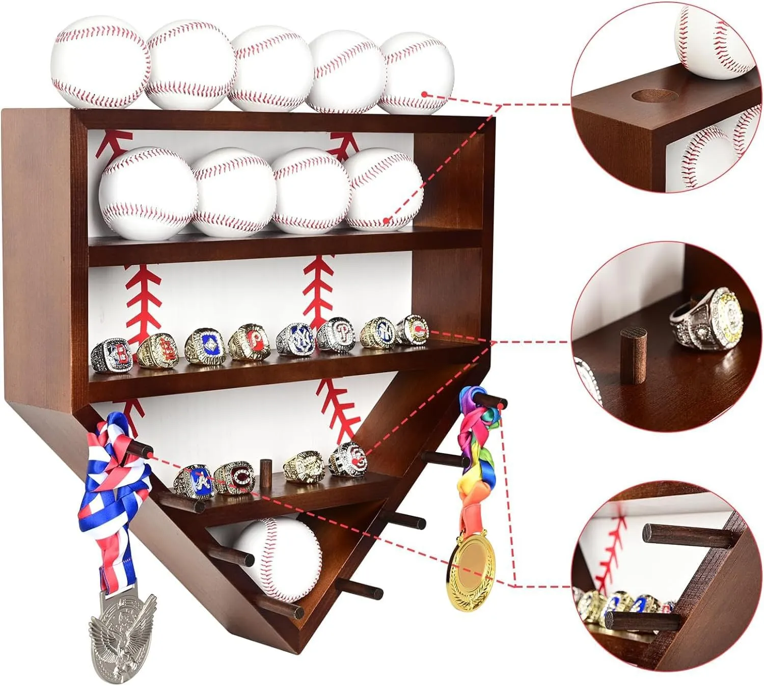 Wooden Baseball Ring Holder - 17" Home Plate Baseball Ring Display Case, Wall Mount Baseball Display Case for Balls, Rings, Medals, Trophies - One for All Memorabilia