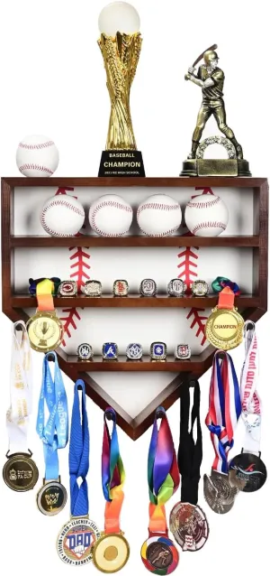Wooden Baseball Ring Holder - 17" Home Plate Baseball Ring Display Case, Wall Mount Baseball Display Case for Balls, Rings, Medals, Trophies - One for All Memorabilia