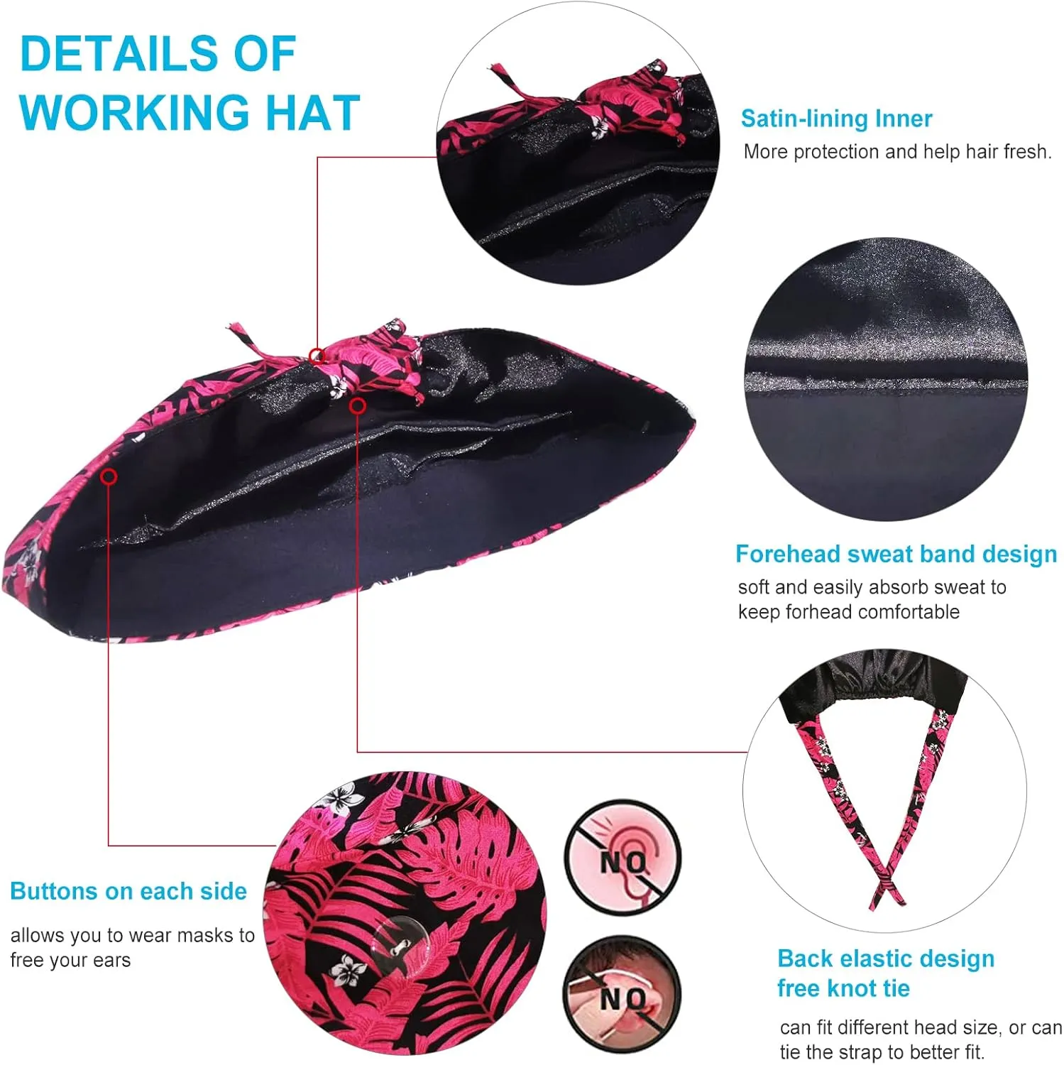Working Cap with Silky Inner - Cotton Hat with Sweatband and Buttons, Adjustable Tie Back Ponytail, One Size