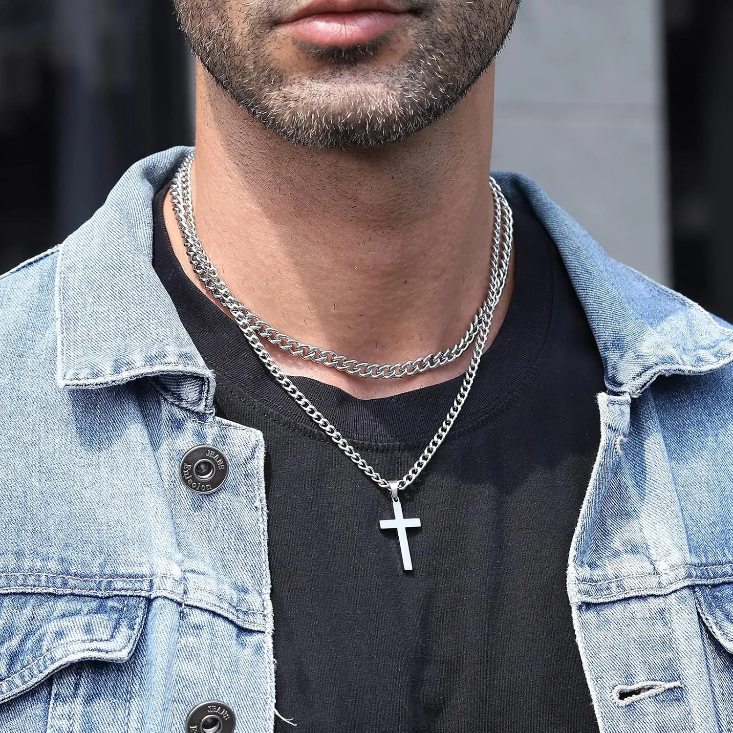 Zocomi Layered Stainless Steel Cross Necklace for Men Boys, Cuban Link Chain Cross Pendant, Religious Jewelry Gifts