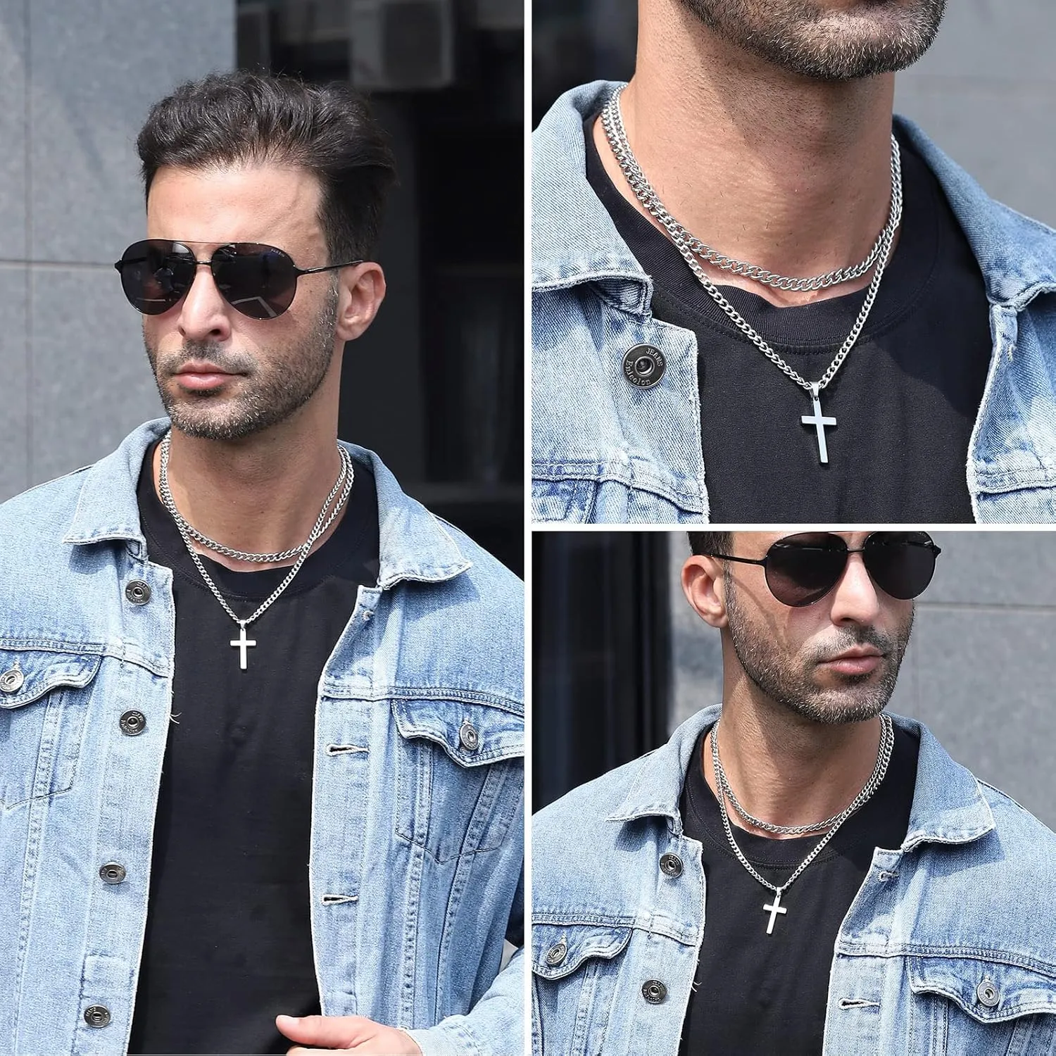 Zocomi Layered Stainless Steel Cross Necklace for Men Boys, Cuban Link Chain Cross Pendant, Religious Jewelry Gifts