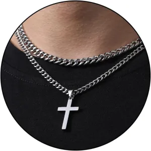 Zocomi Layered Stainless Steel Cross Necklace for Men Boys, Cuban Link Chain Cross Pendant, Religious Jewelry Gifts