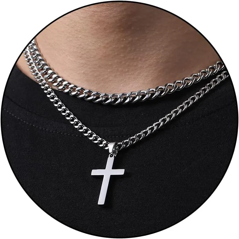 Zocomi Layered Stainless Steel Cross Necklace for Men Boys, Cuban Link Chain Cross Pendant, Religious Jewelry Gifts